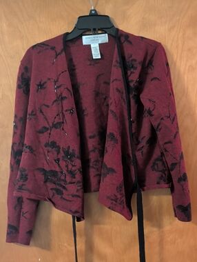 Vintage Y2K Jones New York Wine and Black Floral Open Front Tie Cardigan